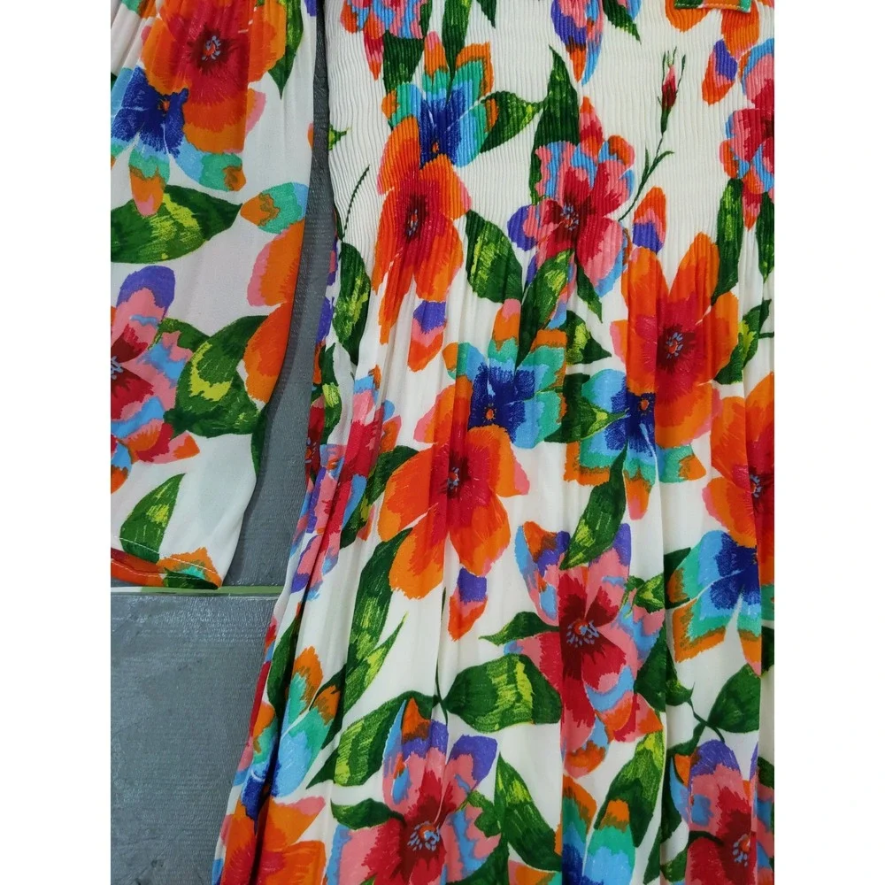 Sunny Leigh Floral‎ Print Pleated Bell Sleeve Dress Multicolor Size M